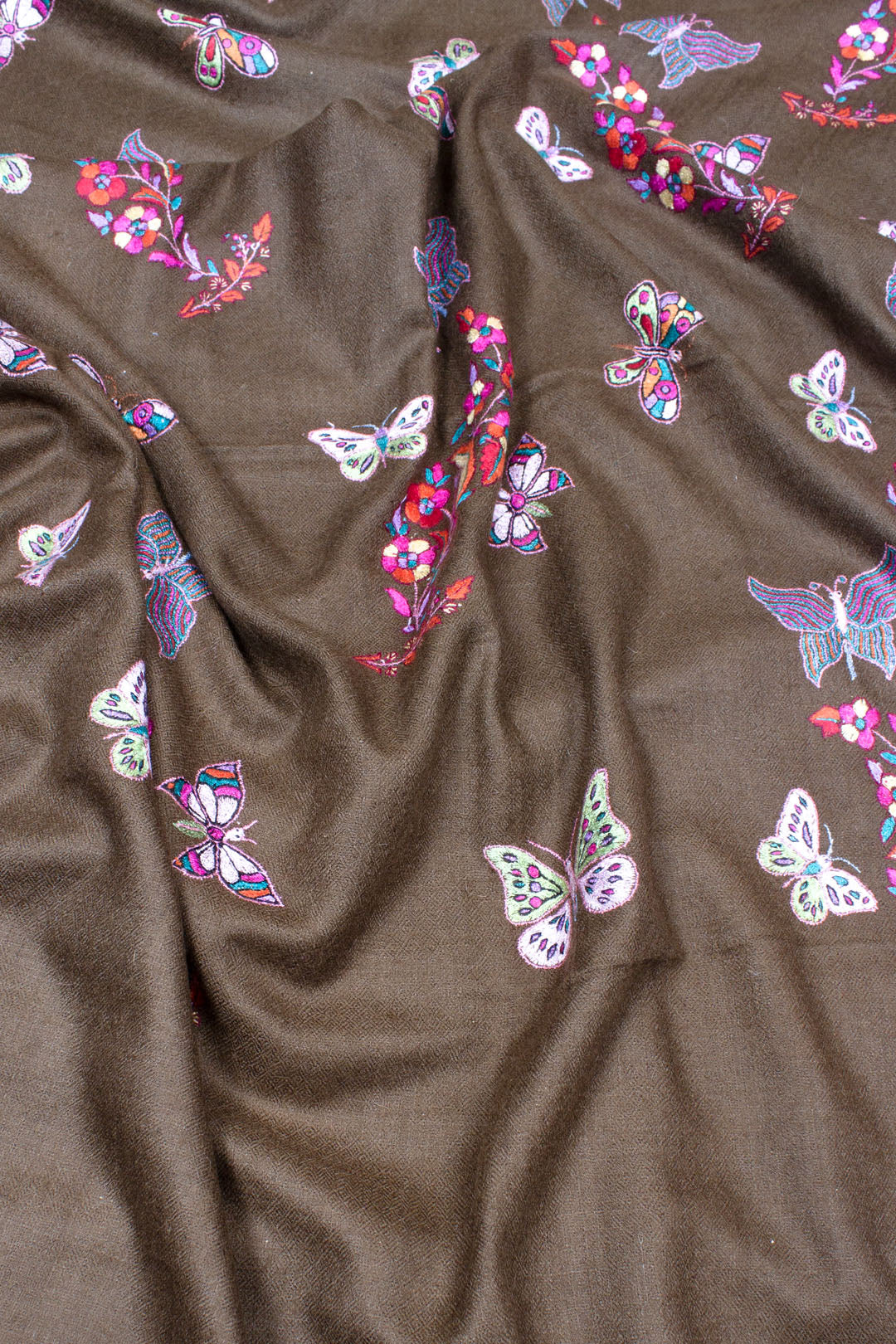 Fari'ah Dark Taupe Buti & Butterlies Embroidered Pashmina Shawl