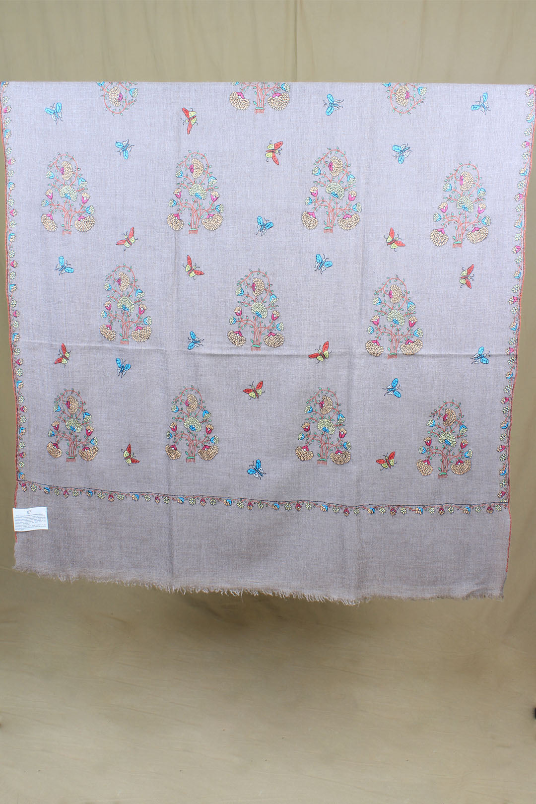 Barakah Taupe Buti & Butterflies Sonzi Embroidered Pashmina Shawl