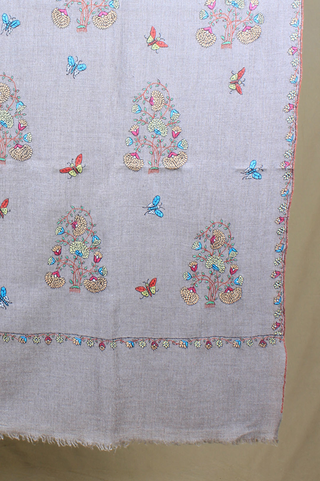 Barakah Taupe Buti & Butterflies Sonzi Embroidered Pashmina Shawl