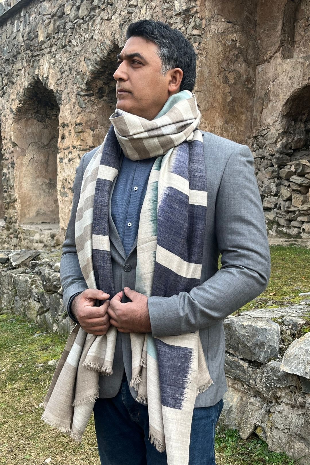 Contemporary Ikat  Reversible  Men's Pashmina Shawl