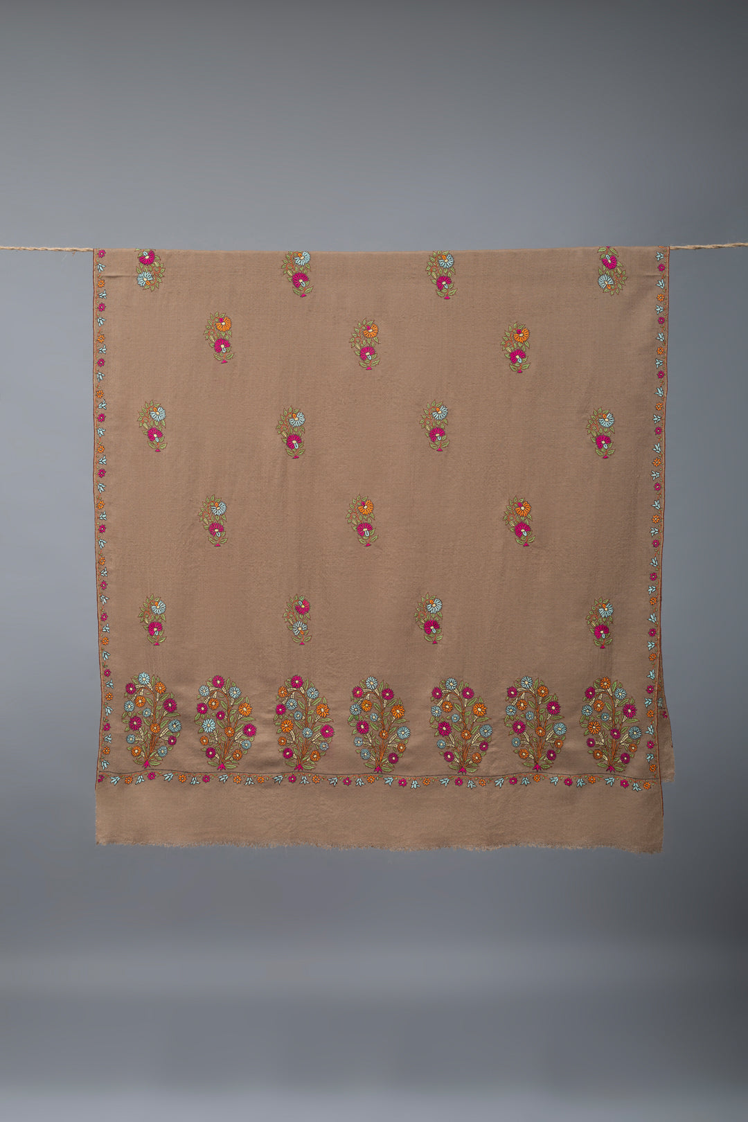 Batool Tuscan Tan Butidar Embroidered Pashmina Shawl