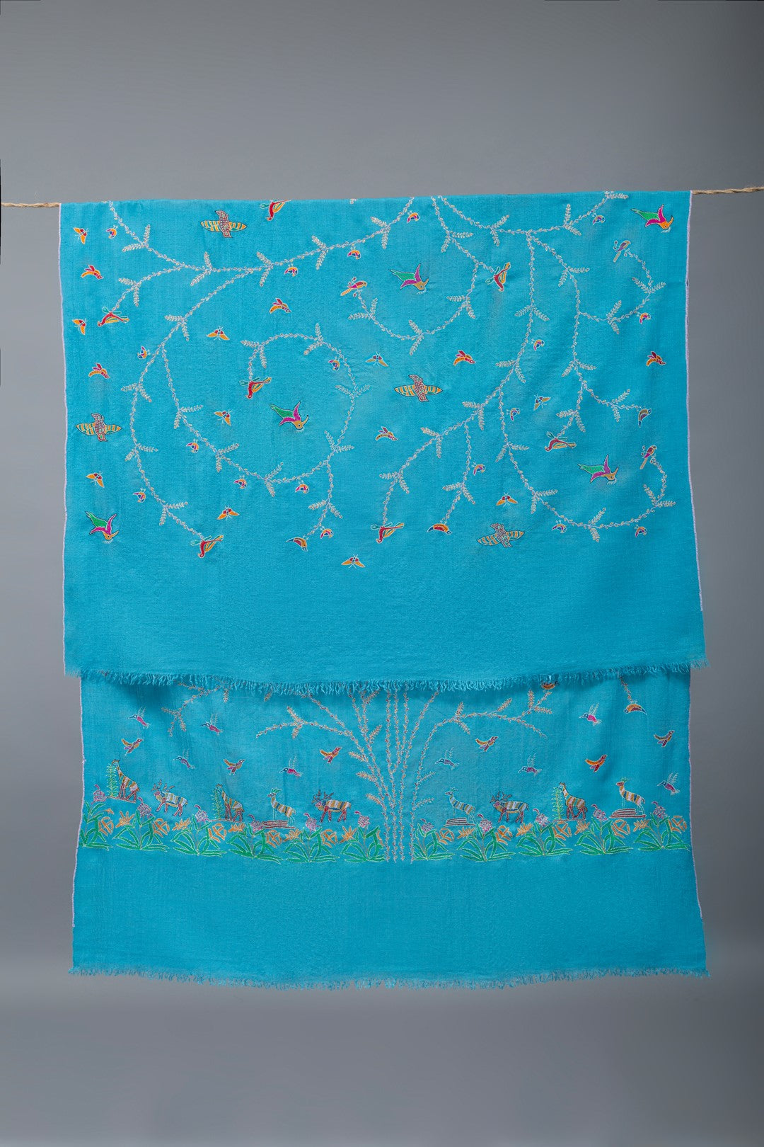 Whirling butterflies Ceruleam Blue Embroidered Pashmina Shawl