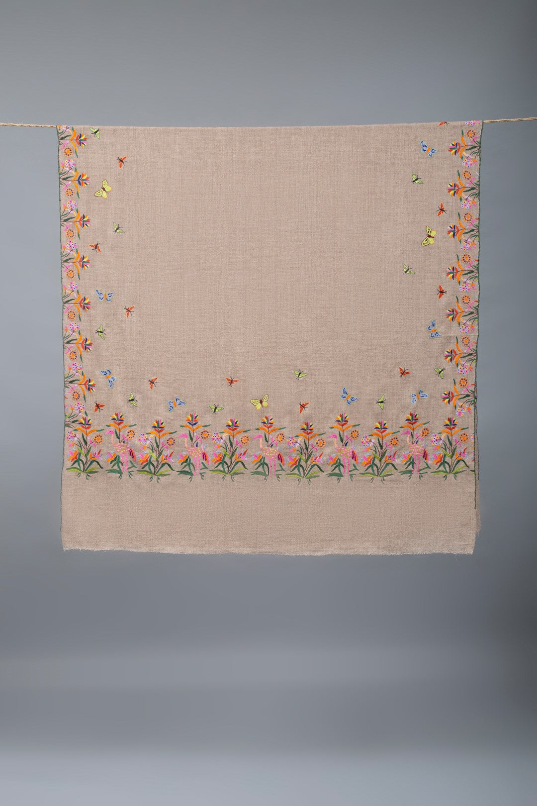 Shams Tabraizi Light Taupe Dourdar Sozni Embroidered Pashmina Shawl