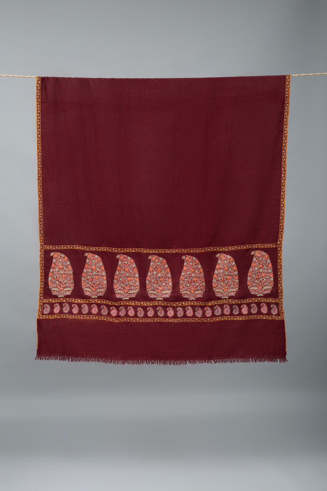 Gul-e-Lala Maroon Paldar Paisley Sozni Embroidered Pashmina Shawl