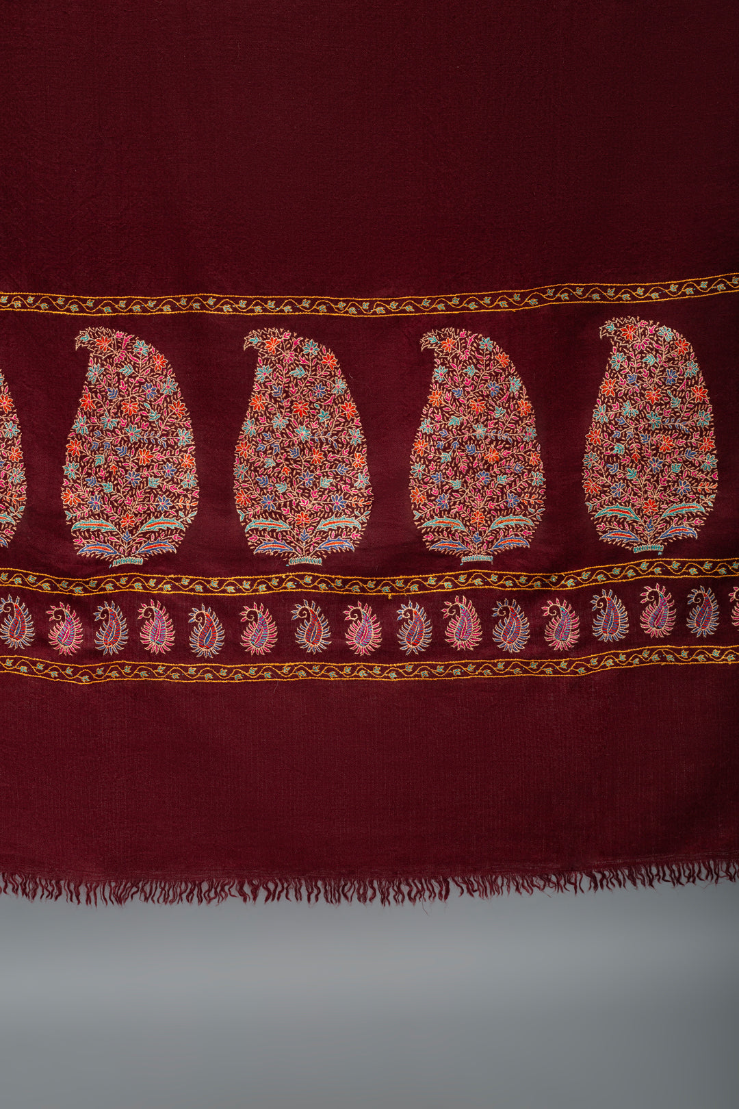 Gul-e-Lala Maroon Paldar Paisley Sozni Embroidered Pashmina Shawl