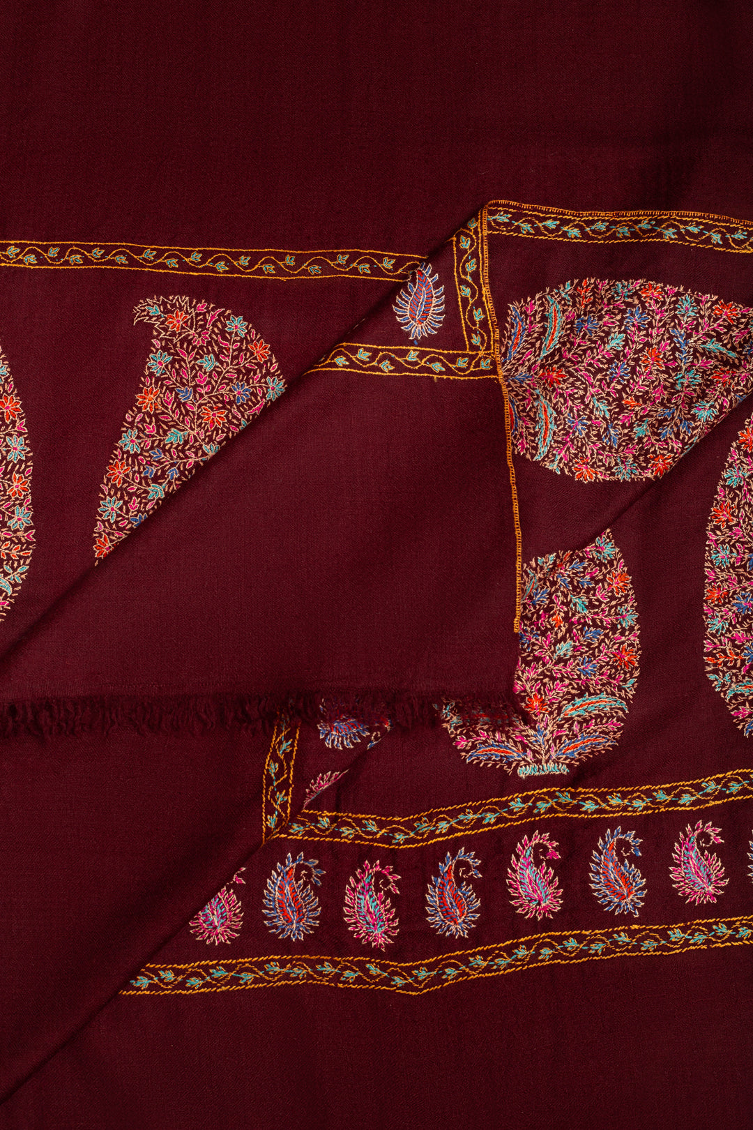 Gul-e-Lala Maroon Paldar Paisley Sozni Embroidered Pashmina Shawl