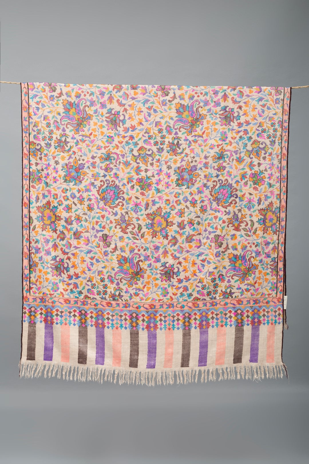 Raymond Pastel Ivory Outlined Floral Jamavar Pashmina Shawl