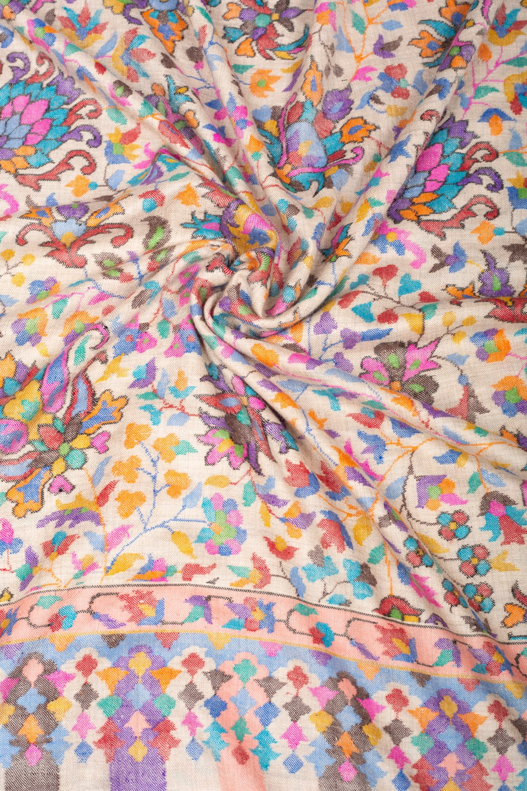 Raymond Pastel Ivory Outlined Floral Jamavar Pashmina Shawl