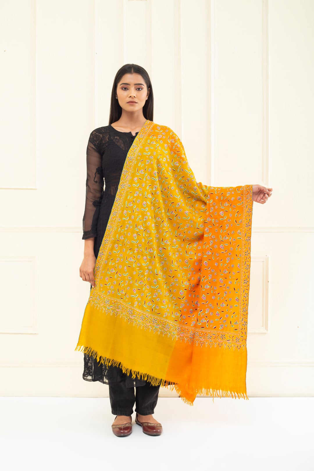 Gul-e-Benafsha Orange Intricate Sozni Jaali Pashmina Shawl