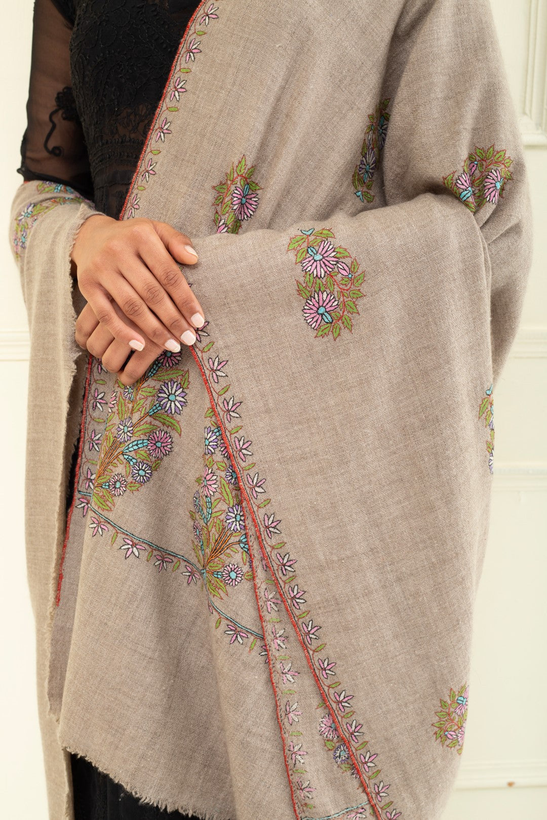 Camellia Light Taupe Embroidered Pashmina Shawl