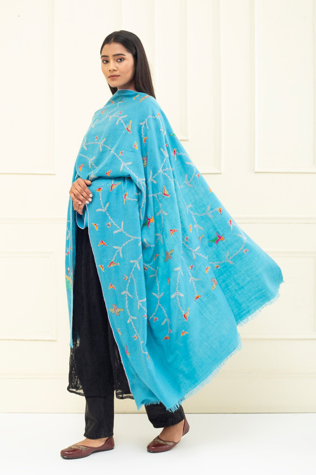 Whirling butterflies Ceruleam Blue Embroidered Pashmina Shawl