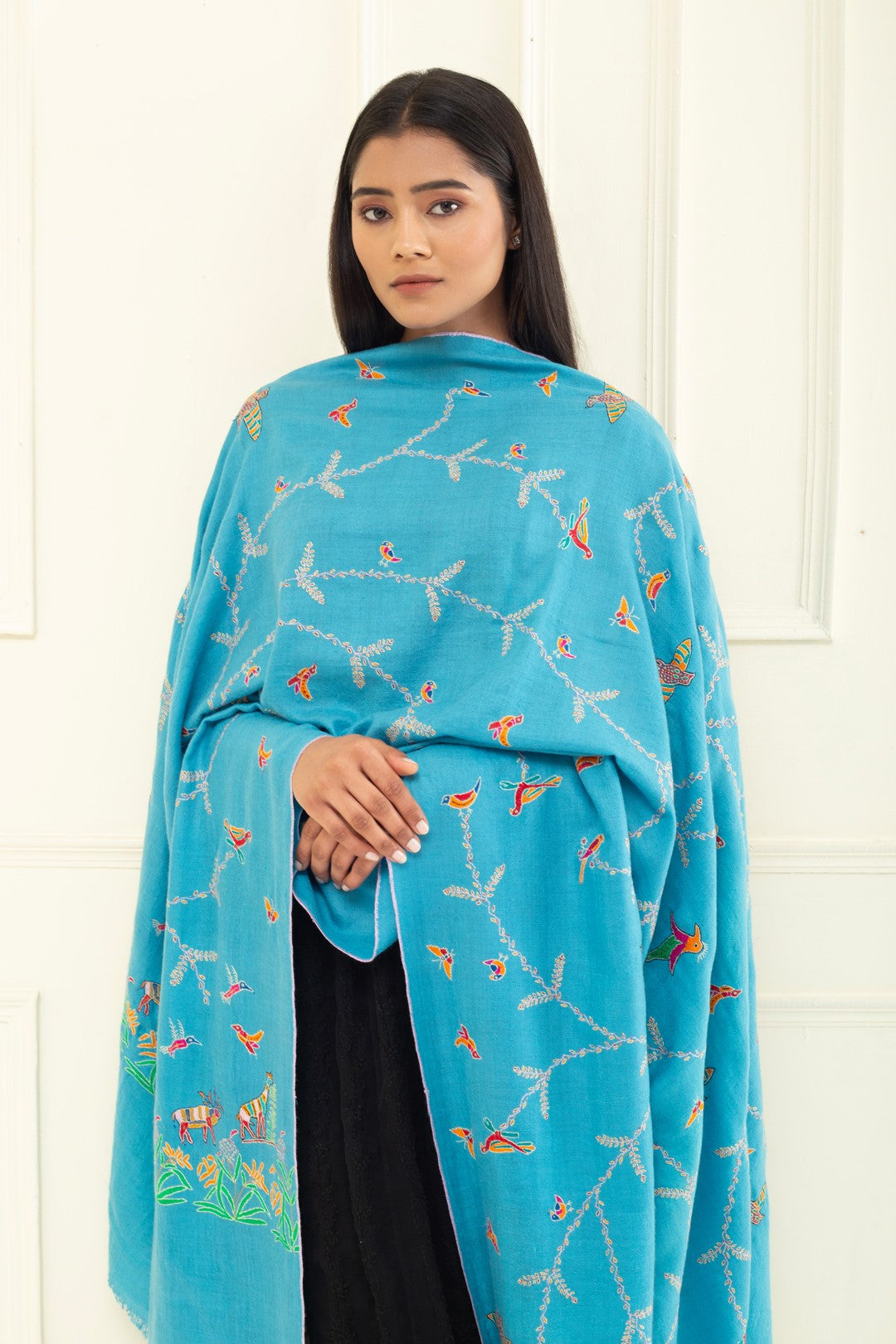 Whirling butterflies Ceruleam Blue Embroidered Pashmina Shawl