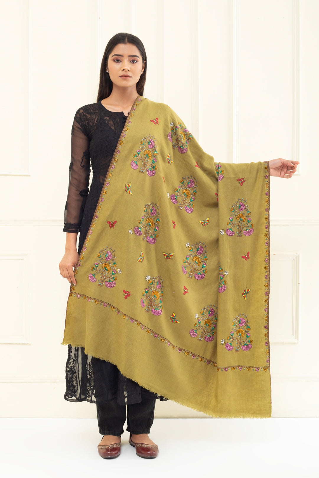 Sparke Sizzle Army Green Butidar Sozni Embroidered Pashmina Shawl