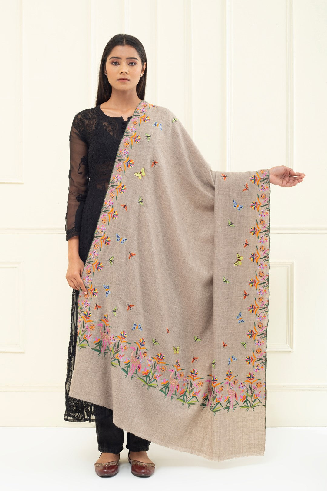 Shams Tabraizi Light Taupe Dourdar Sozni Embroidered Pashmina Shawl