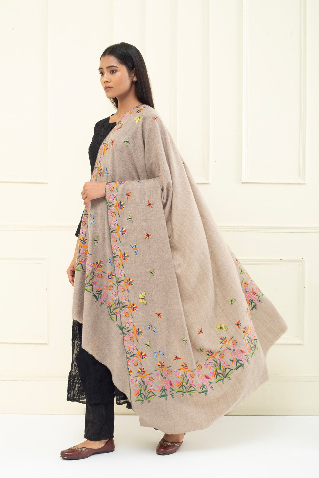 Shams Tabraizi Light Taupe Dourdar Sozni Embroidered Pashmina Shawl