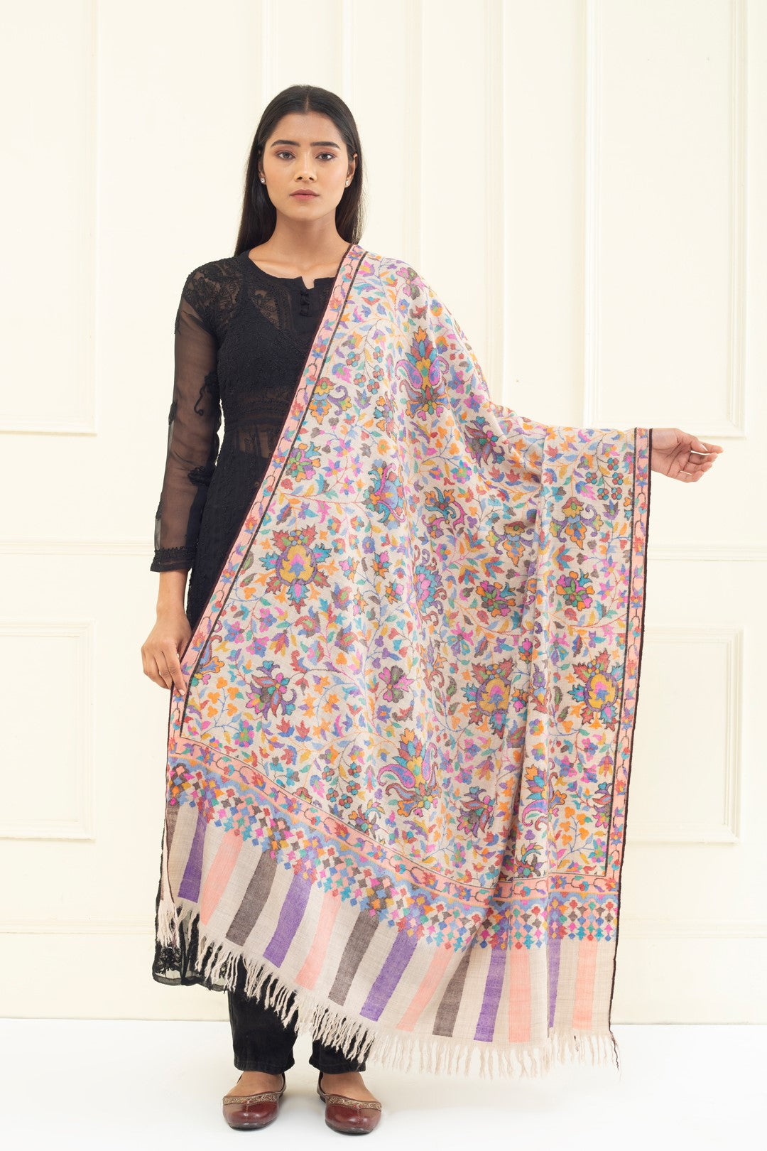 Raymond Pastel Ivory Outlined Floral Jamavar Pashmina Shawl