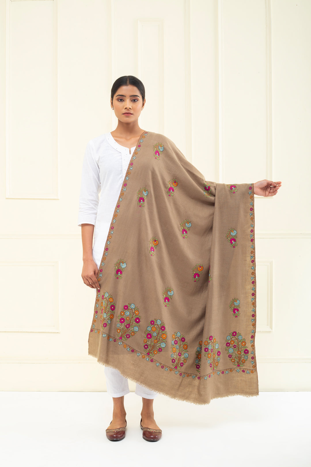 Batool Tuscan Tan Butidar Embroidered Pashmina Shawl