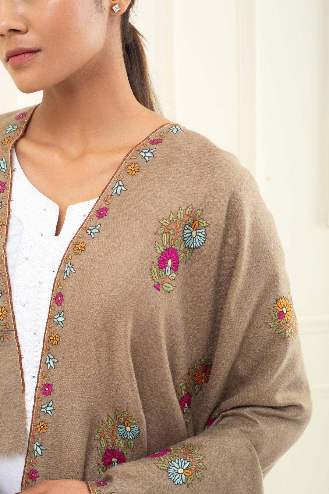 Batool Tuscan Tan Butidar Embroidered Pashmina Shawl