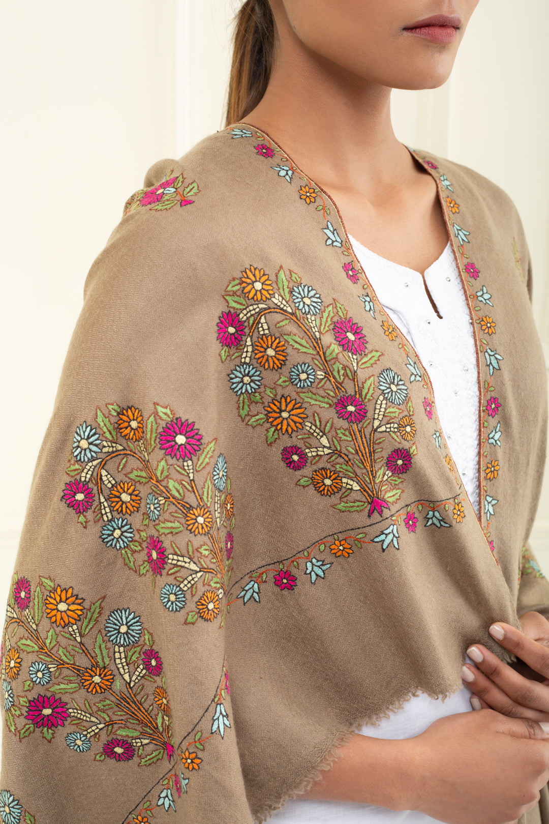 Batool Tuscan Tan Butidar Embroidered Pashmina Shawl