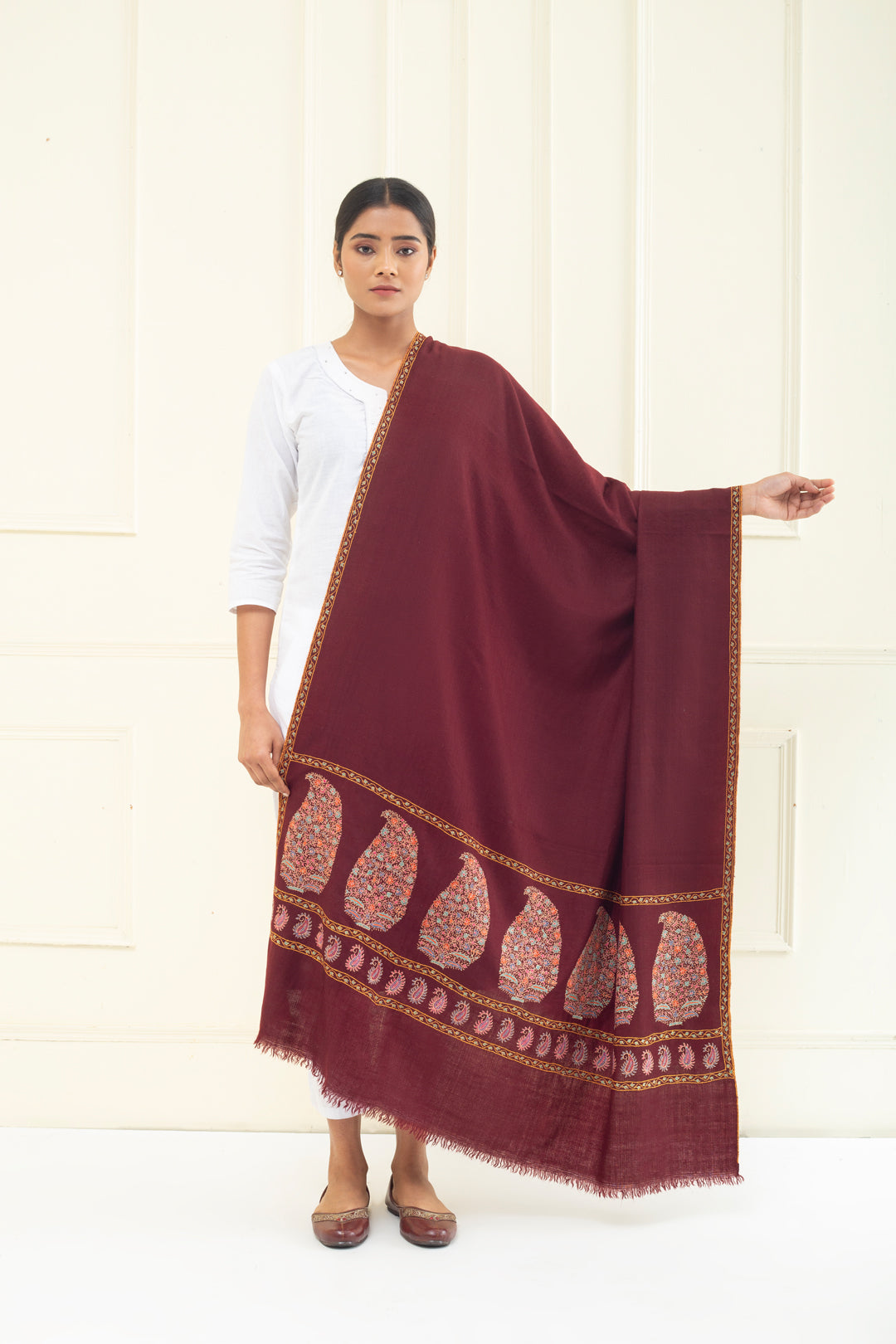 Gul-e-Lala Maroon Paldar Paisley Sozni Embroidered Pashmina Shawl