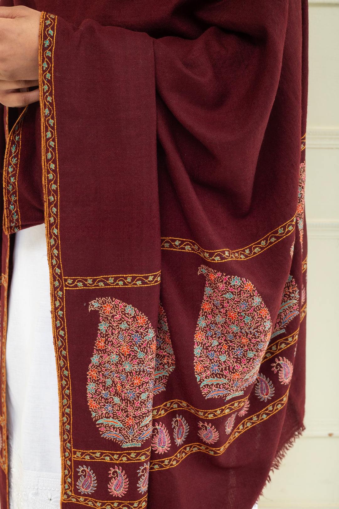 Gul-e-Lala Maroon Paldar Paisley Sozni Embroidered Pashmina Shawl