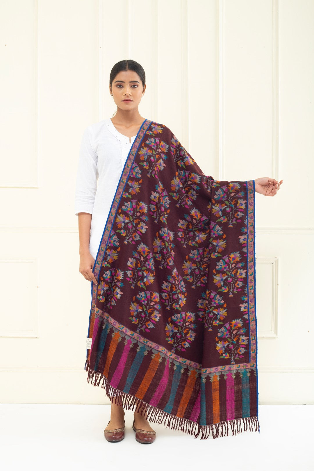 Apriicus Burgundy Floral Kani Jamavar Pashmina Shawl