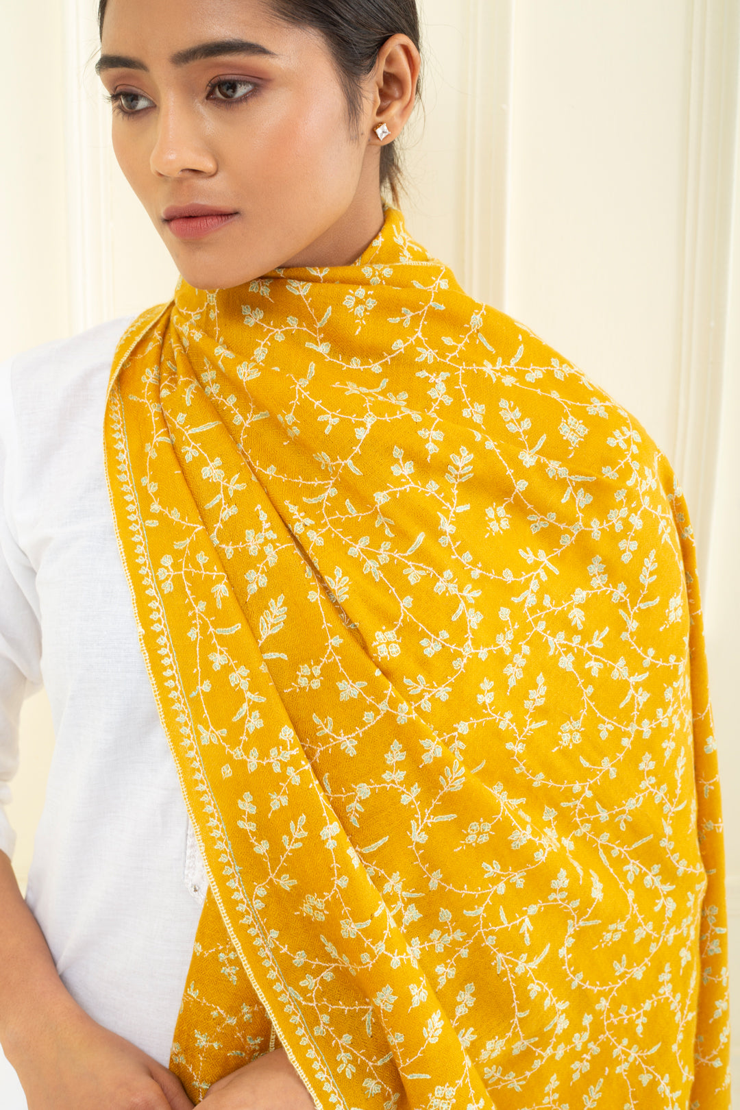 Bombroo Butterscotch Jaali Sozni Embroidered Pashmina Stole