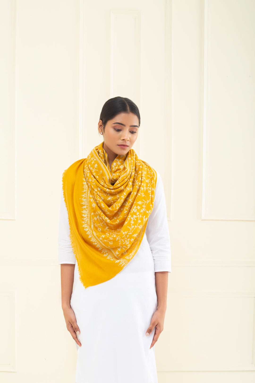 Bombroo Butterscotch Jaali Sozni Embroidered Pashmina Stole