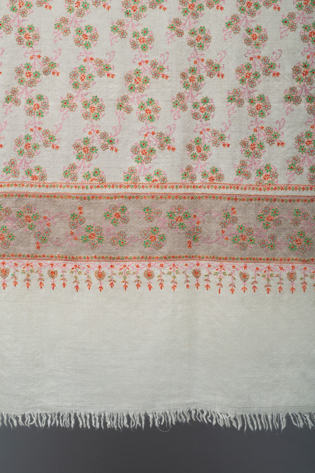 Moonvine Ivory Dourdar Butidar Jaali Sozni Embroidered Shawl