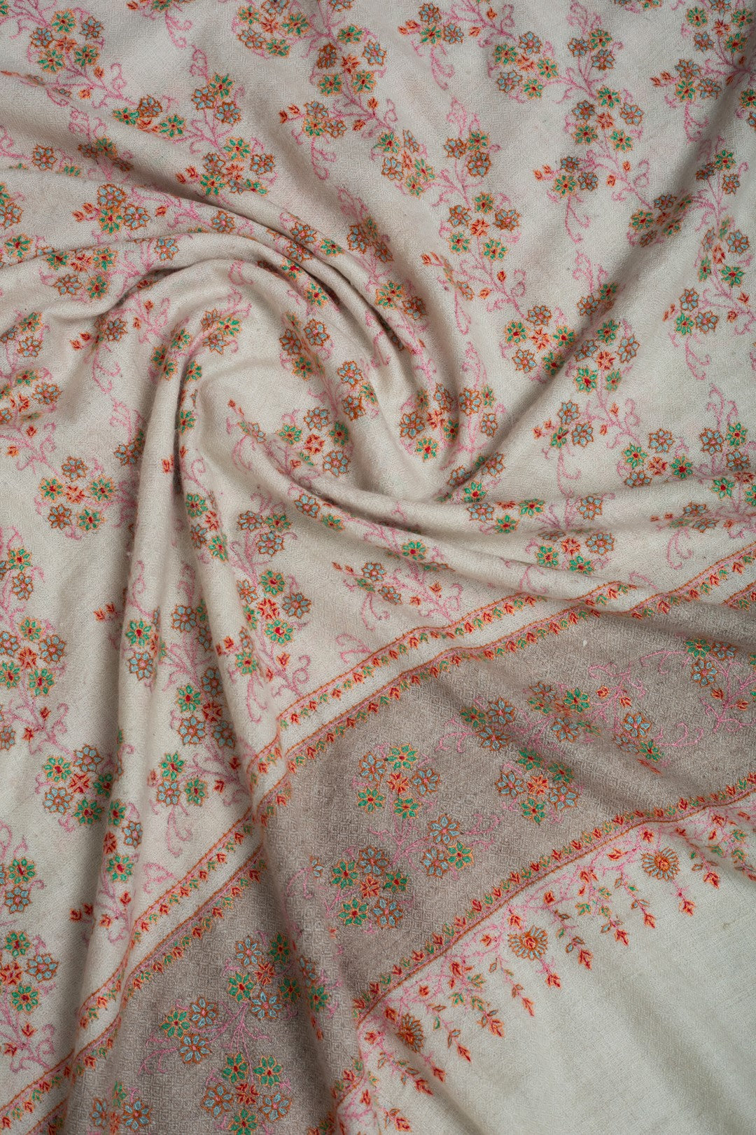 Moonvine Ivory Dourdar Butidar Jaali Sozni Embroidered Shawl