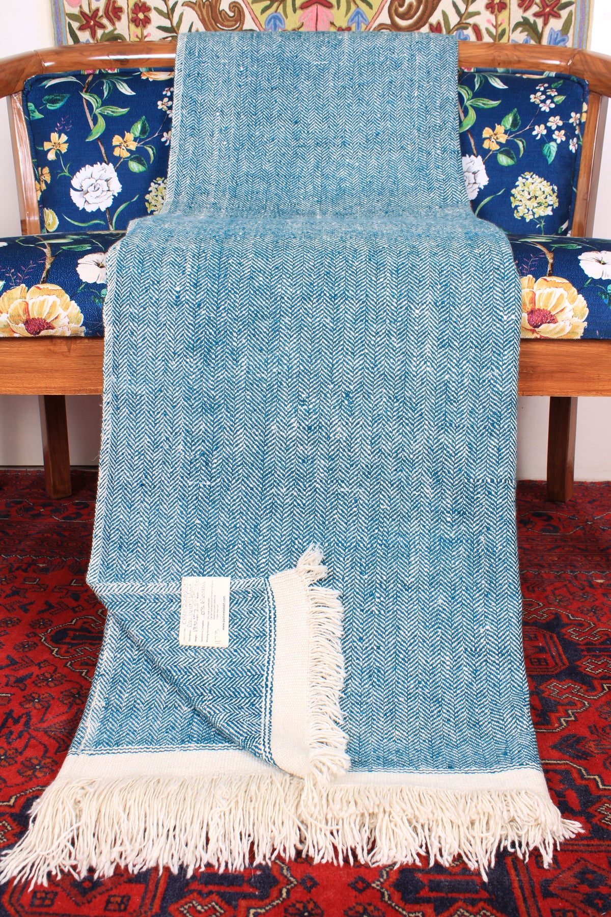 Izayah Dodger Blue And Ivory Double Weave Pashmina Blanket