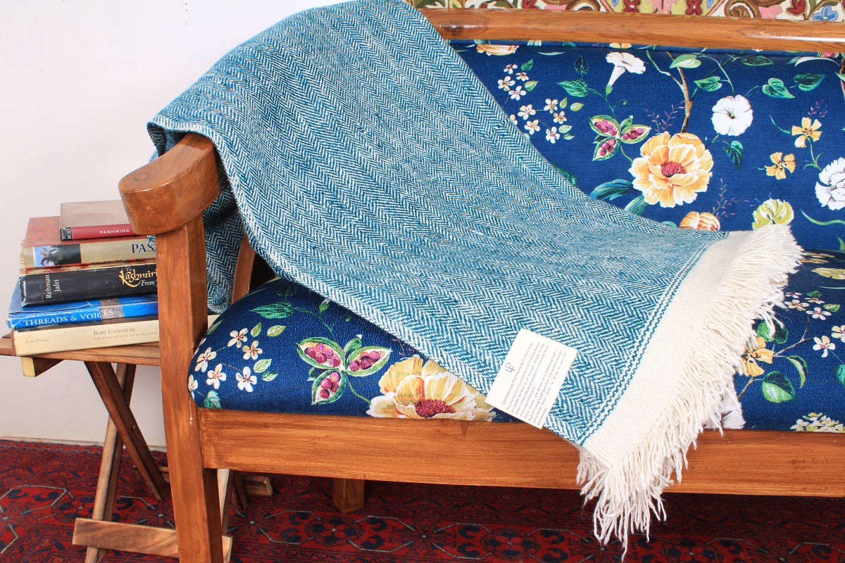 Izayah Dodger Blue And Ivory Double Weave Pashmina Blanket