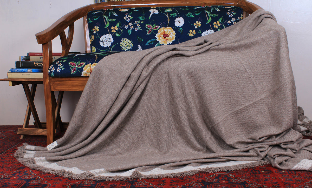 Madalynn Taupe Tone Double Pashmina  Blanket With Ivory Band