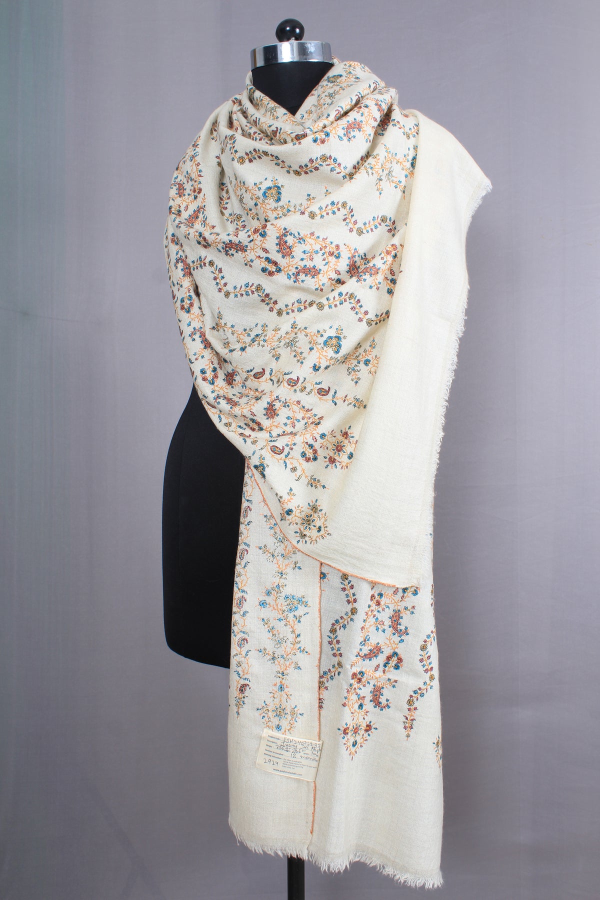 Vortex Vine Ivory Jaali Khatras Embroidered Pashmina Shawl