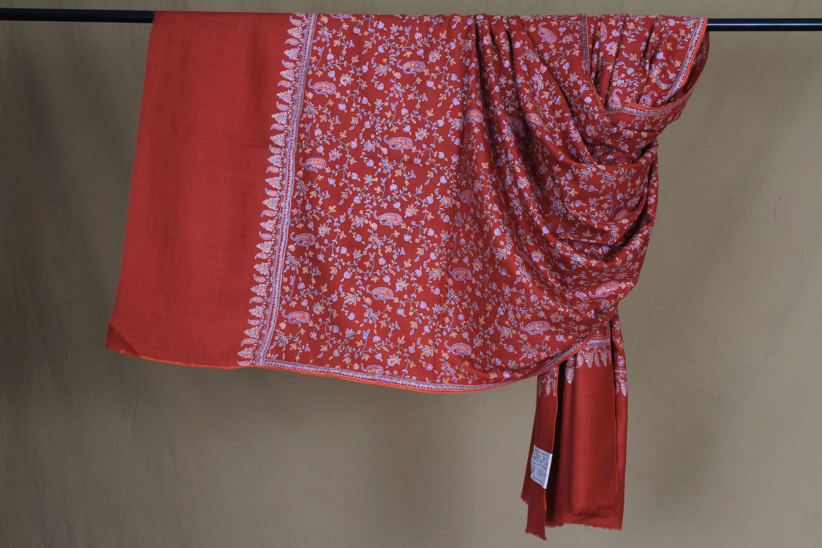 Noorain Peach Orange Sozni Jaali Embroidered Pashmina Shawl