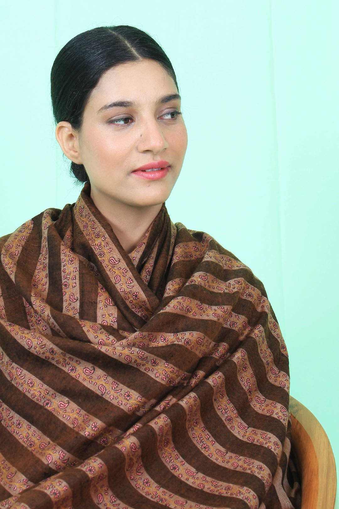 Eshaal Beige Brown Khatras Sozni Embroidered Pashmina Shawl