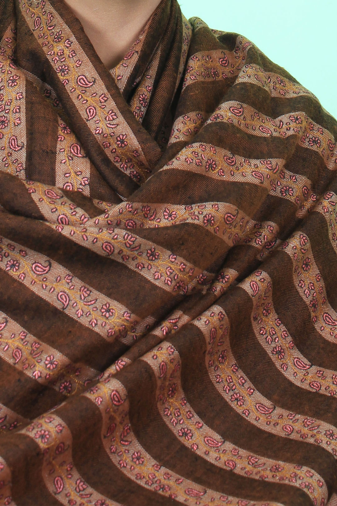 Eshaal Beige Brown Khatras Sozni Embroidered Pashmina Shawl