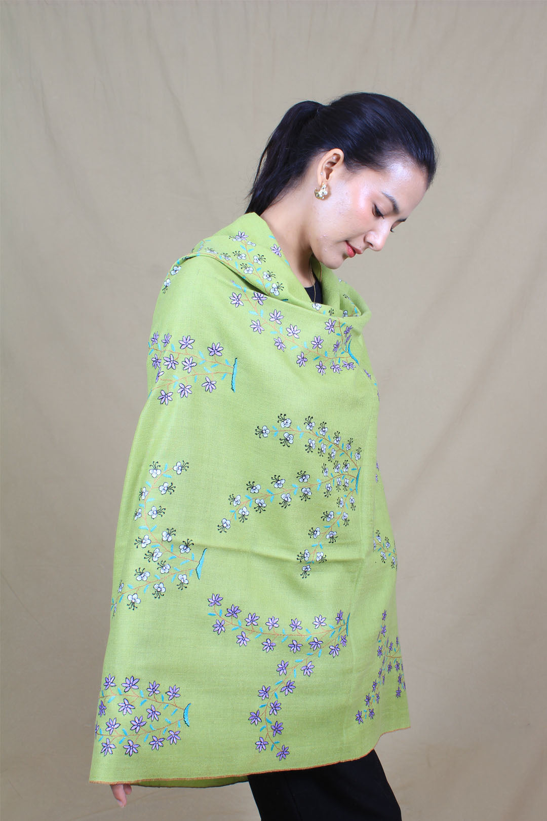 Wardah Neon Green Butidar Sozni Embroidered Pashmina Shawl