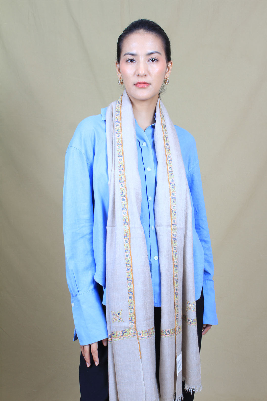 Pamposh Light Taupe Fishbone Hashidar Pashmina Stole