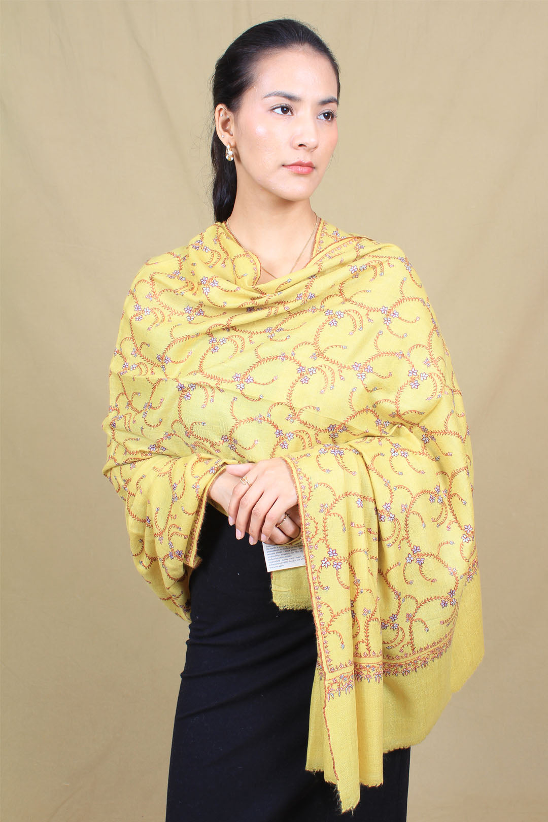 Ishaani Tropical Sun Floral Vine Embroidered Pashmina Shawl