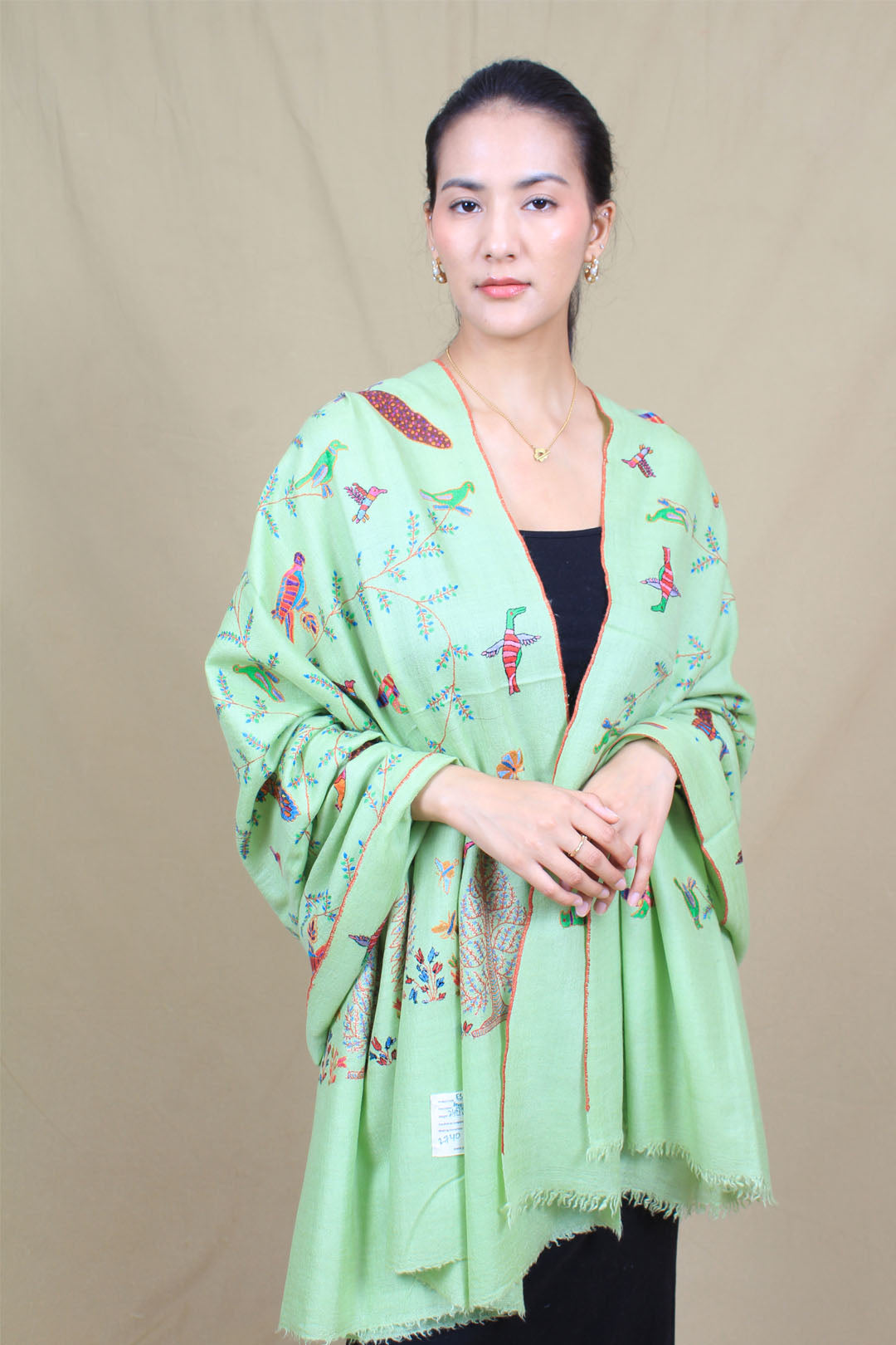 Khizar Green Forest Theme Sozni Embroidered Pashmina Shawl