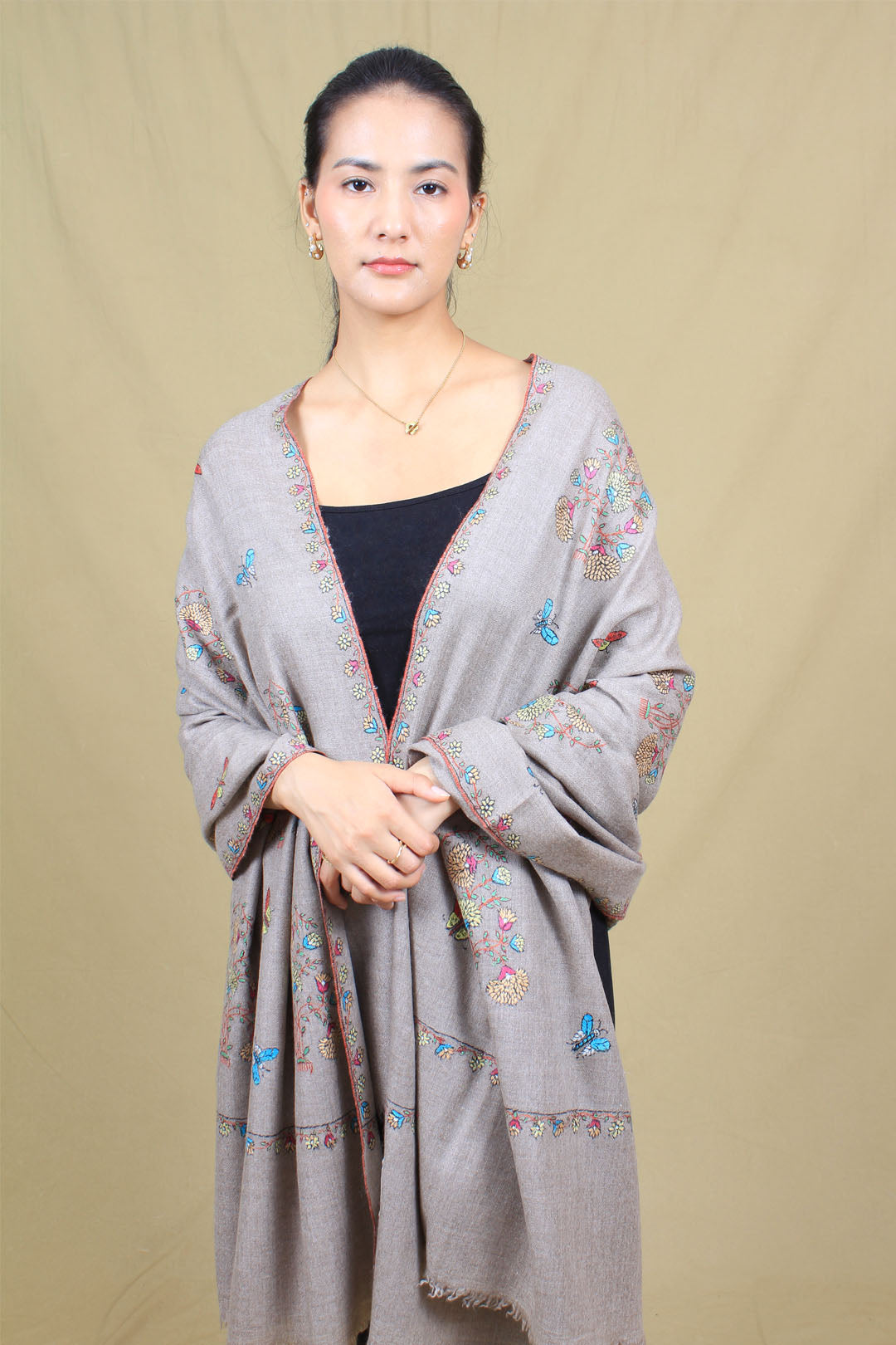 Barakah Taupe Buti & Butterflies Sonzi Embroidered Pashmina Shawl