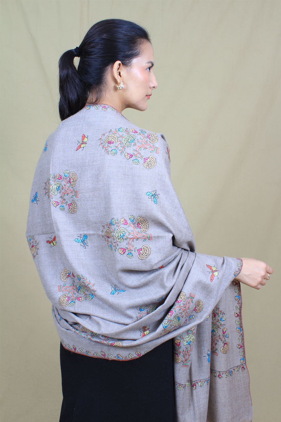 Barakah Taupe Buti & Butterflies Sonzi Embroidered Pashmina Shawl