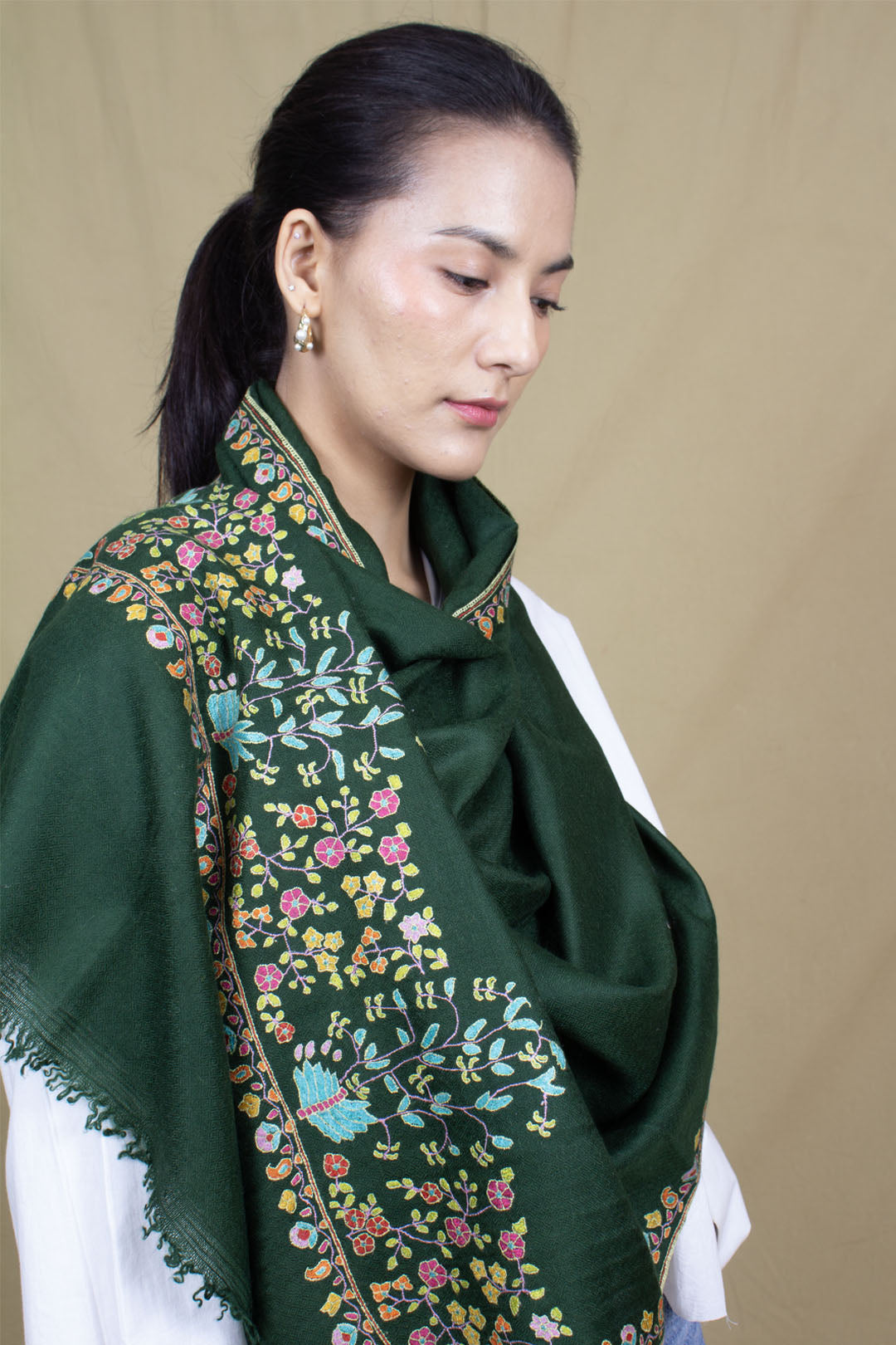 Farah Pine Green Paldar Sozni Embroidered Pashmina Stole