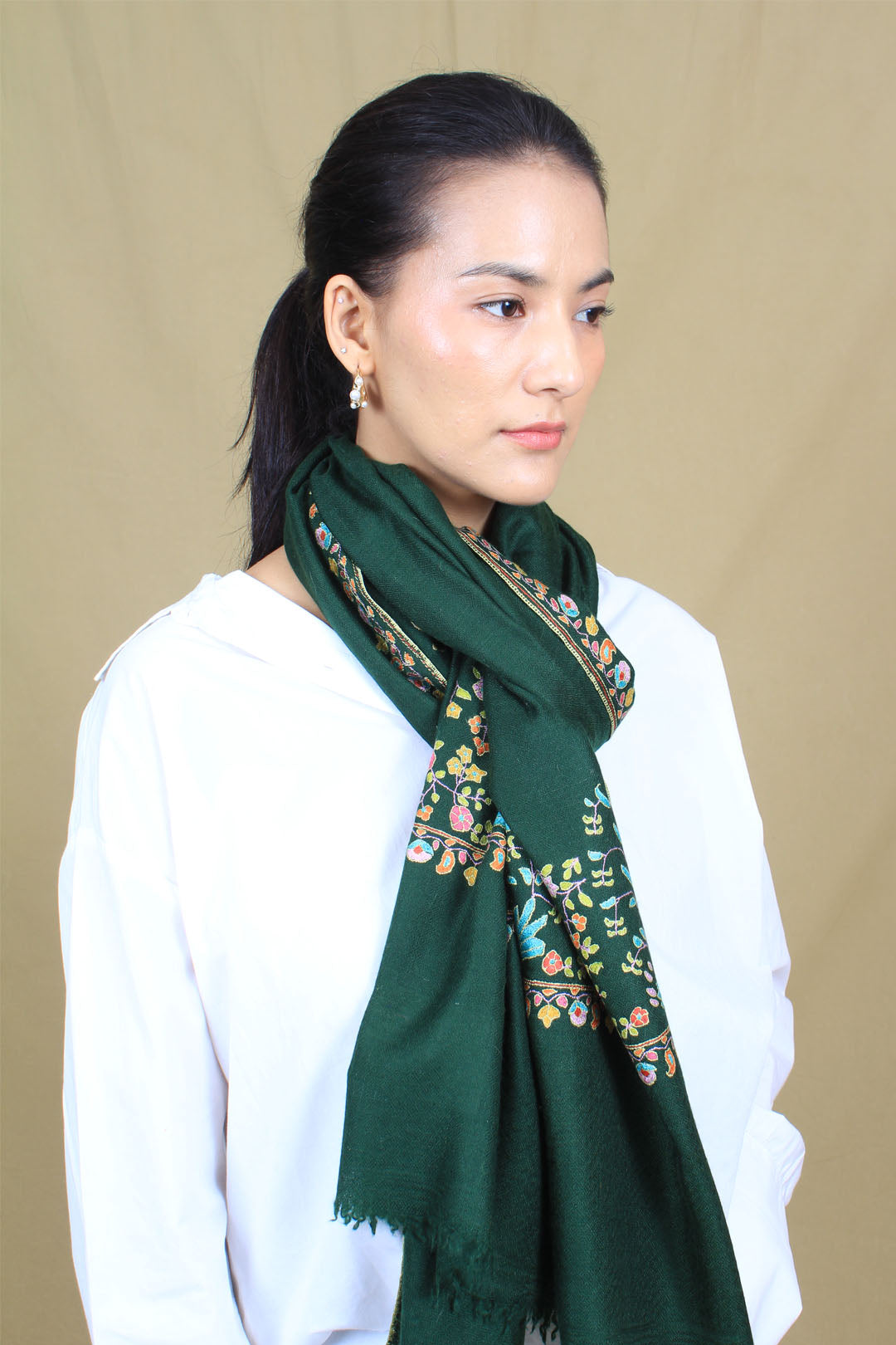 Farah Pine Green Paldar Sozni Embroidered Pashmina Stole