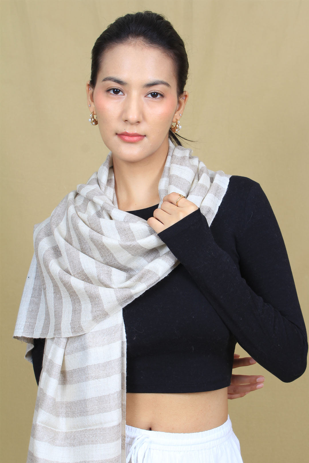 Raunak Ivory Natural Strips Organic Cashmere Stole