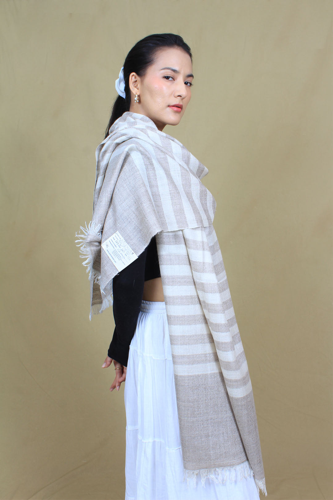 Raunak Ivory Natural Strips Organic Cashmere Stole