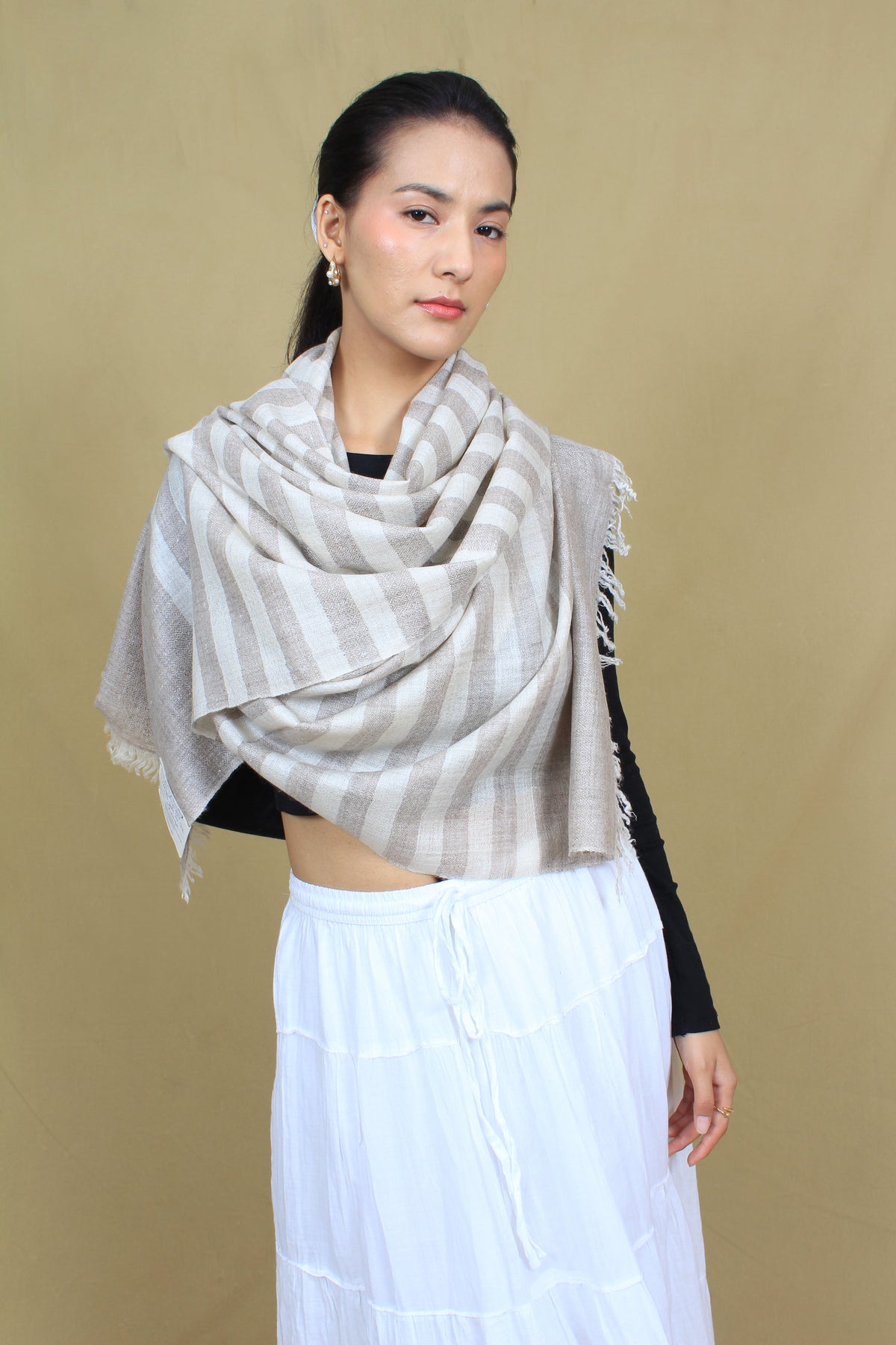 Raunak Ivory Natural Strips Organic Cashmere Stole