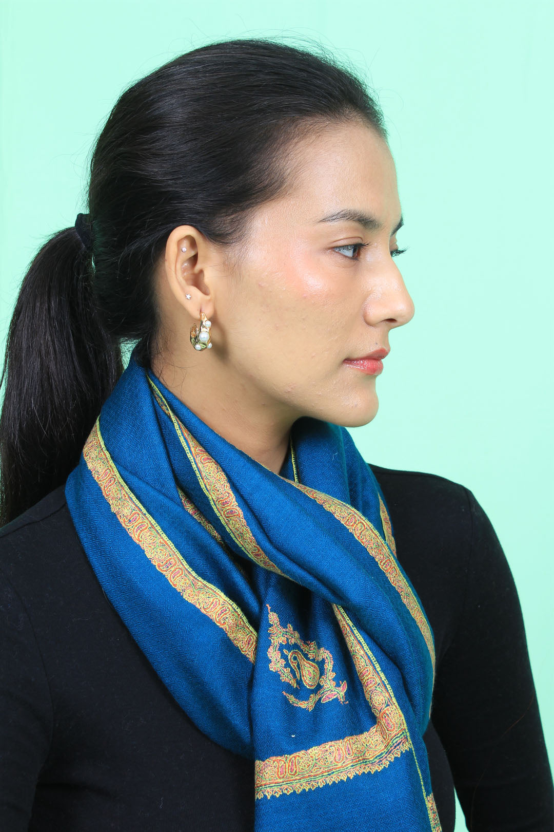 Hazel Cobalt Blue Hashidar Embroidered Pashmina Stole