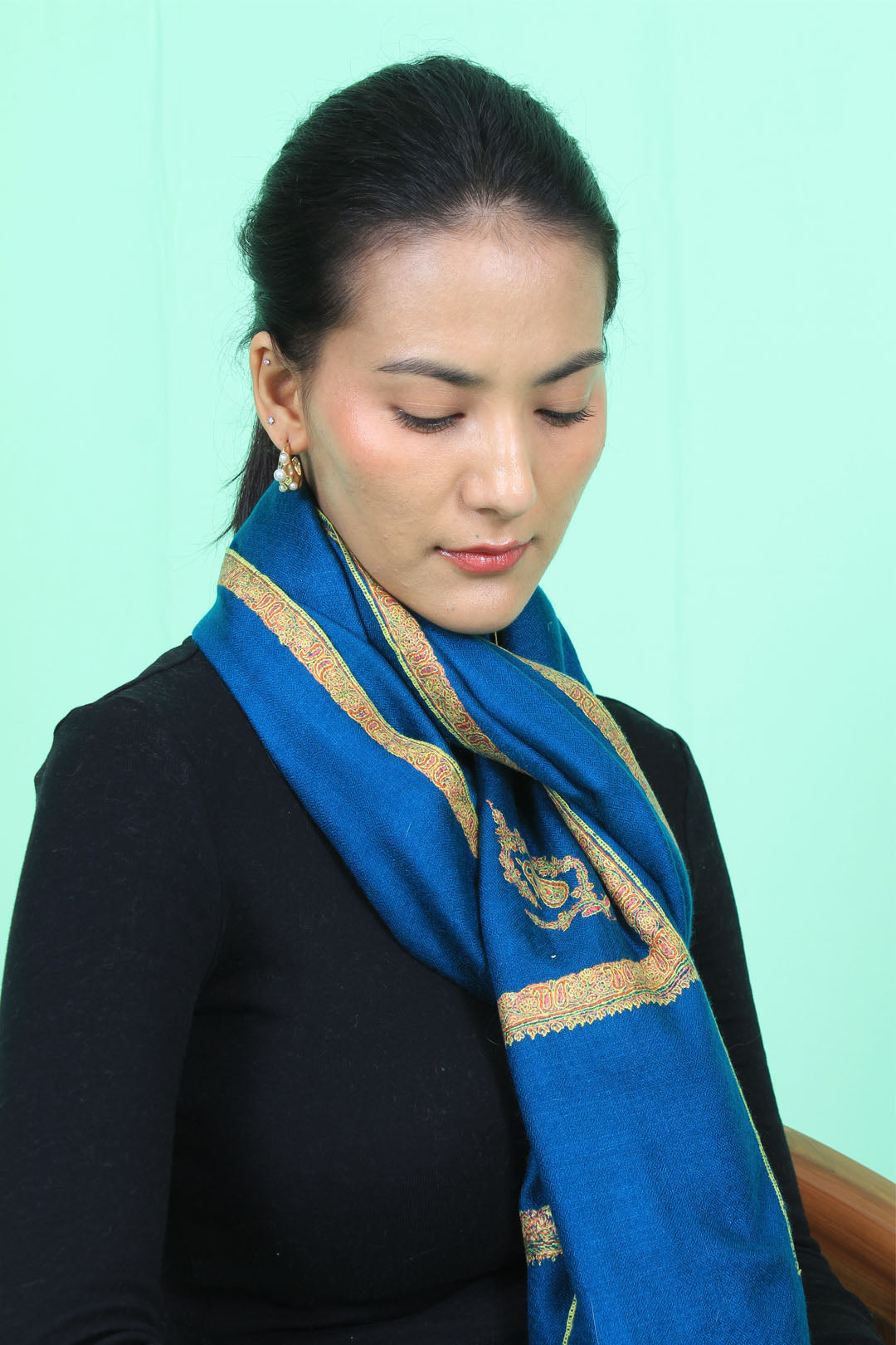 Hazel Cobalt Blue Hashidar Embroidered Pashmina Stole